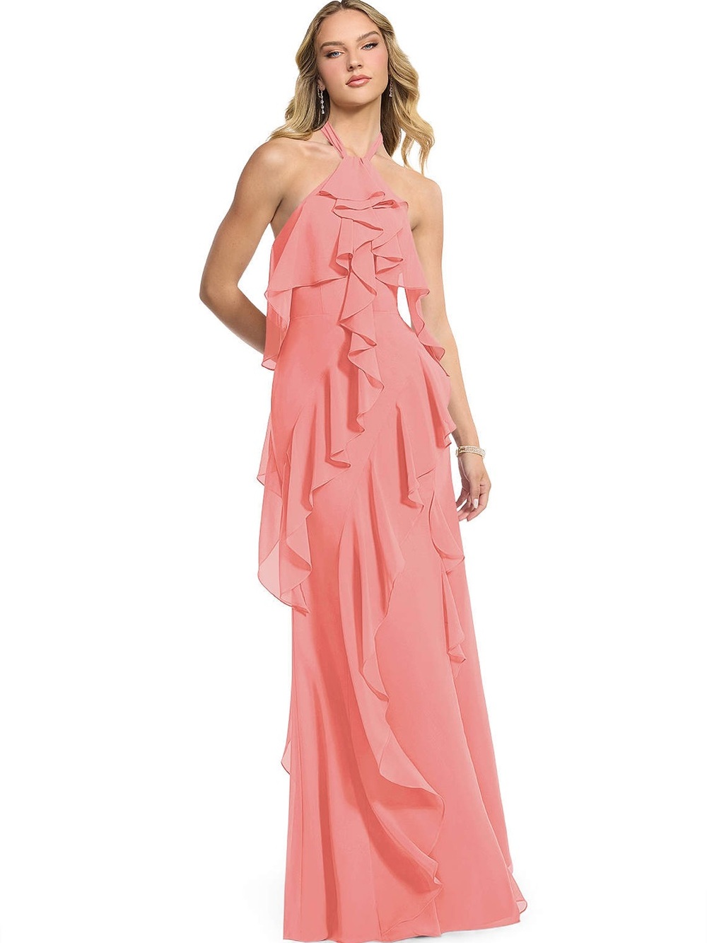 Azazie Velma Ruffle Chiffon Dress in Coral